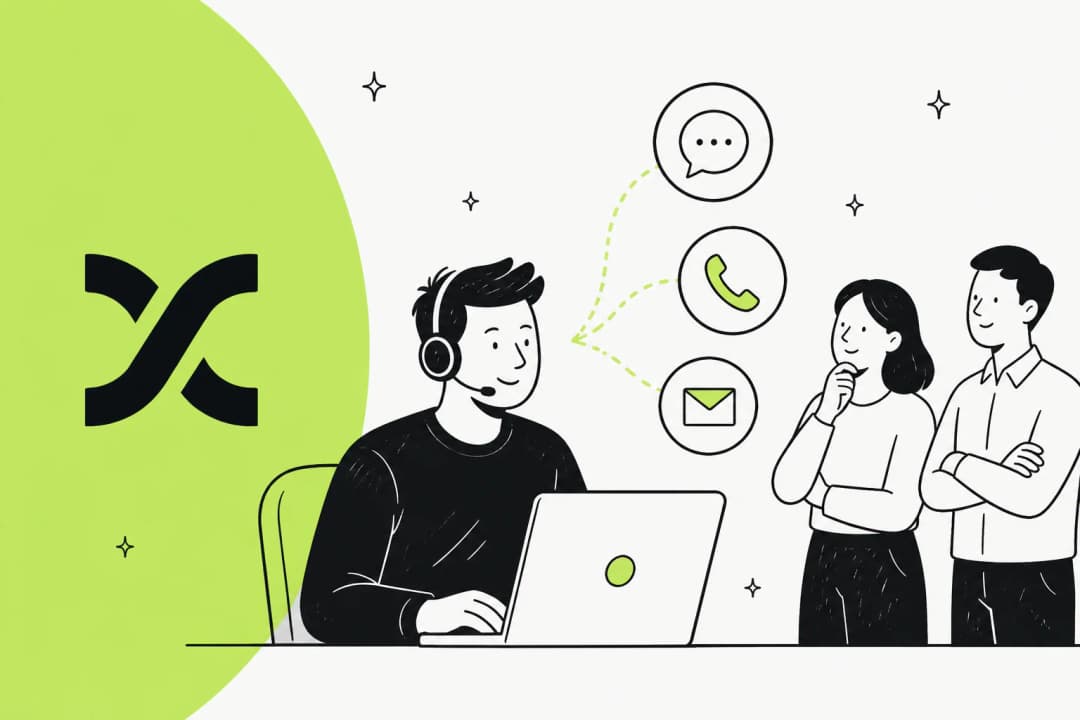 Illustrated banner for a roundup of Fini AI alternatives, showing a support agent handling chat, voice and email channels