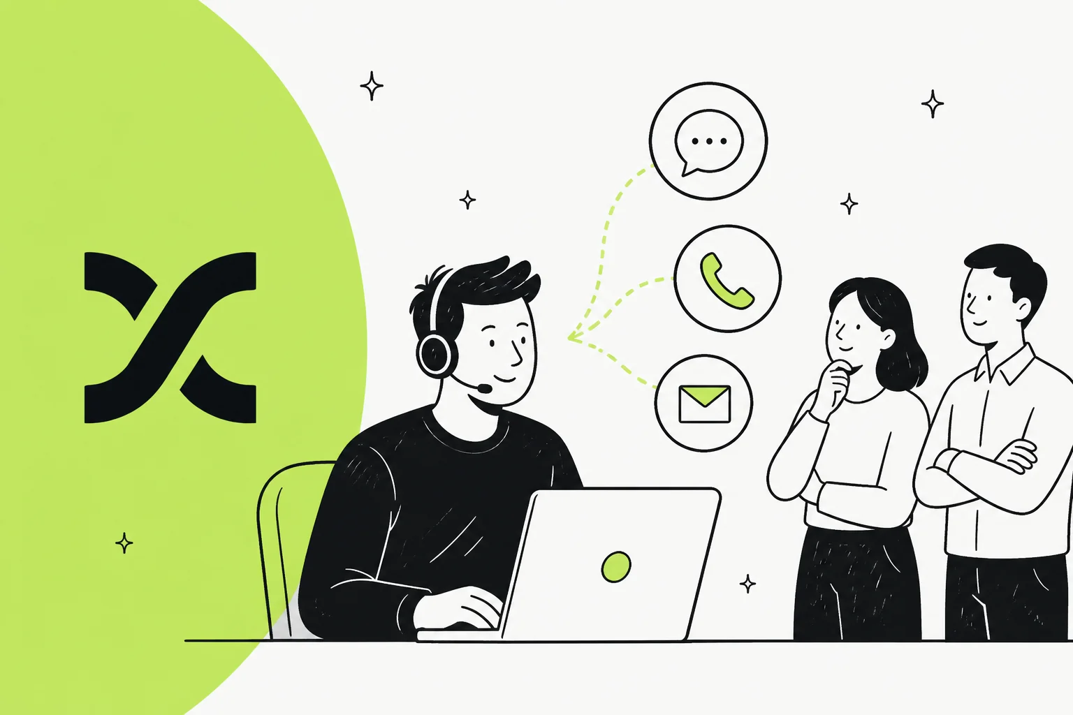 Illustrated banner for a roundup of Fini AI alternatives, showing a support agent handling chat, voice and email channels