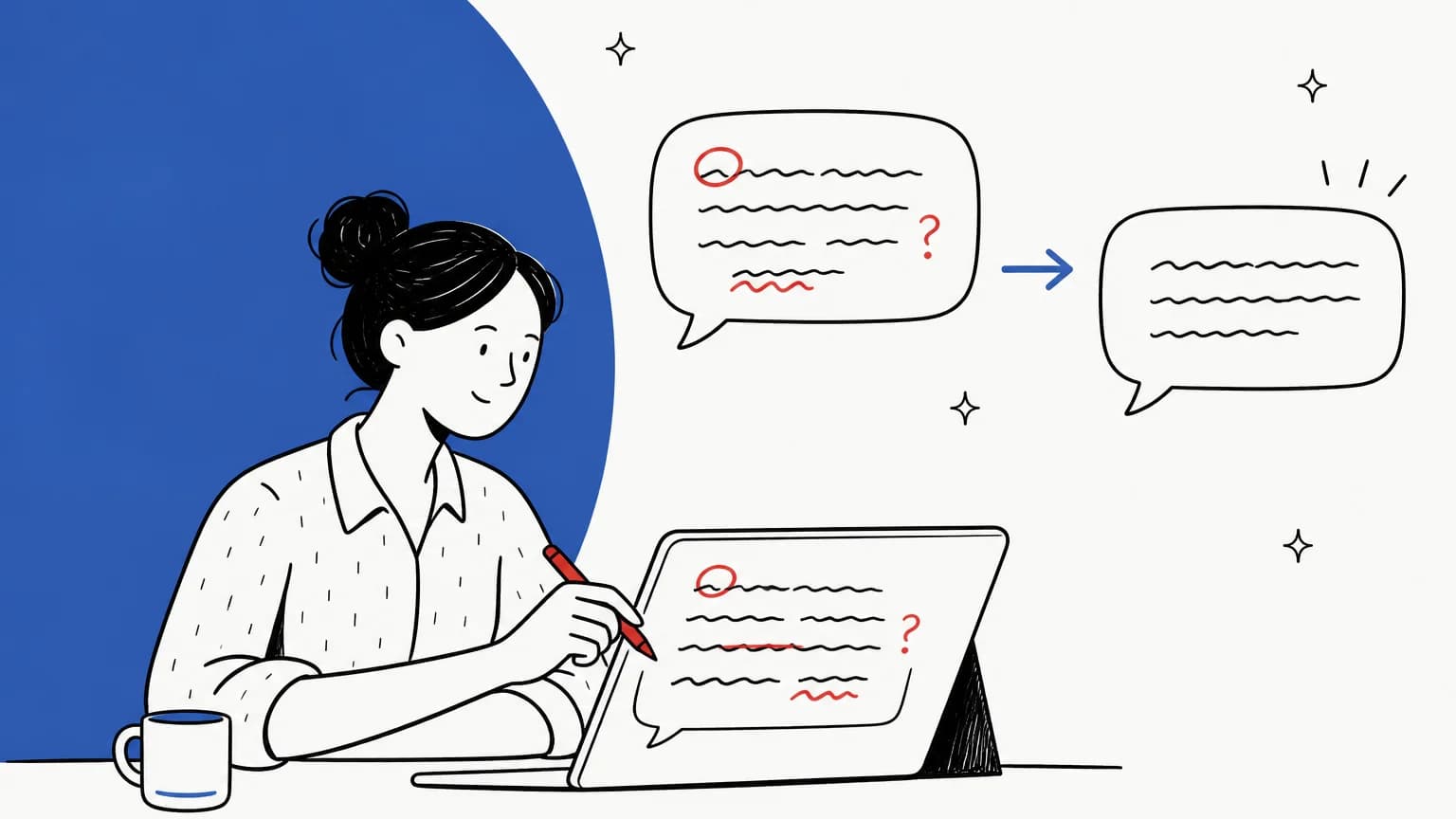 Hand-drawn illustration of a support agent at a tablet marking up a reply with a red pen, circling a typo and a question mark, with a messy speech bubble turning into a clean one