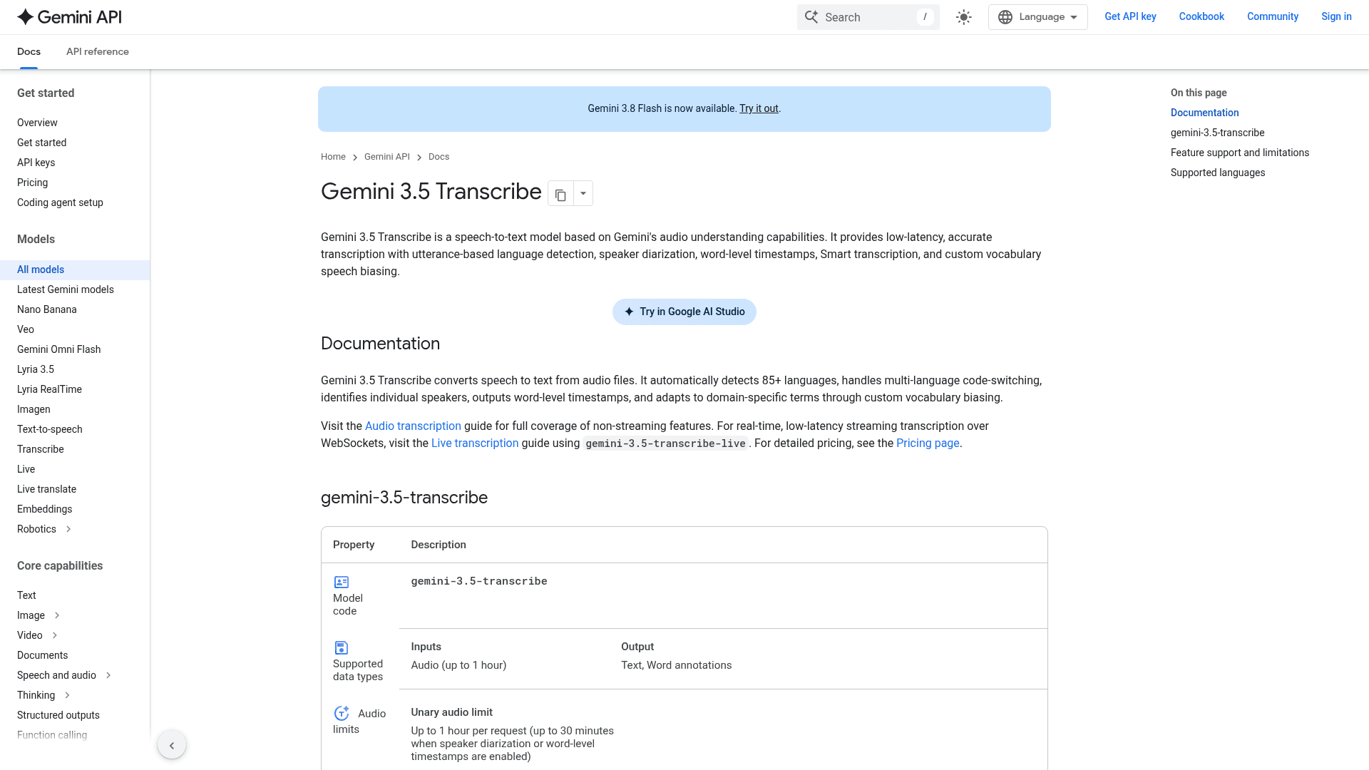 The Gemini 3.5 Transcribe documentation page on Google AI for Developers, as taken from Google