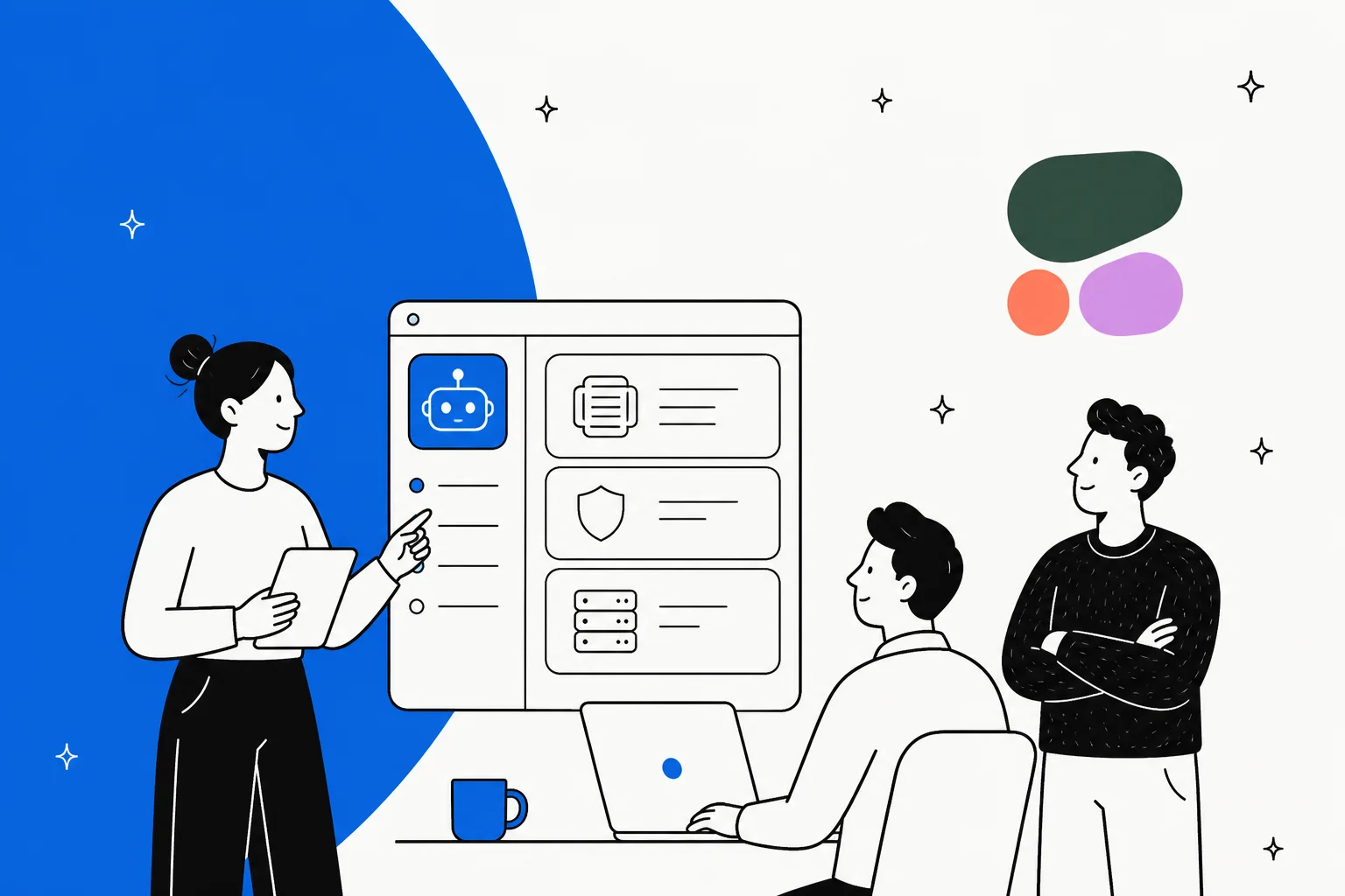 Hand-drawn illustration of a team reviewing an AI agent workspace with shield and server panels, with the Cohere logo in the corner