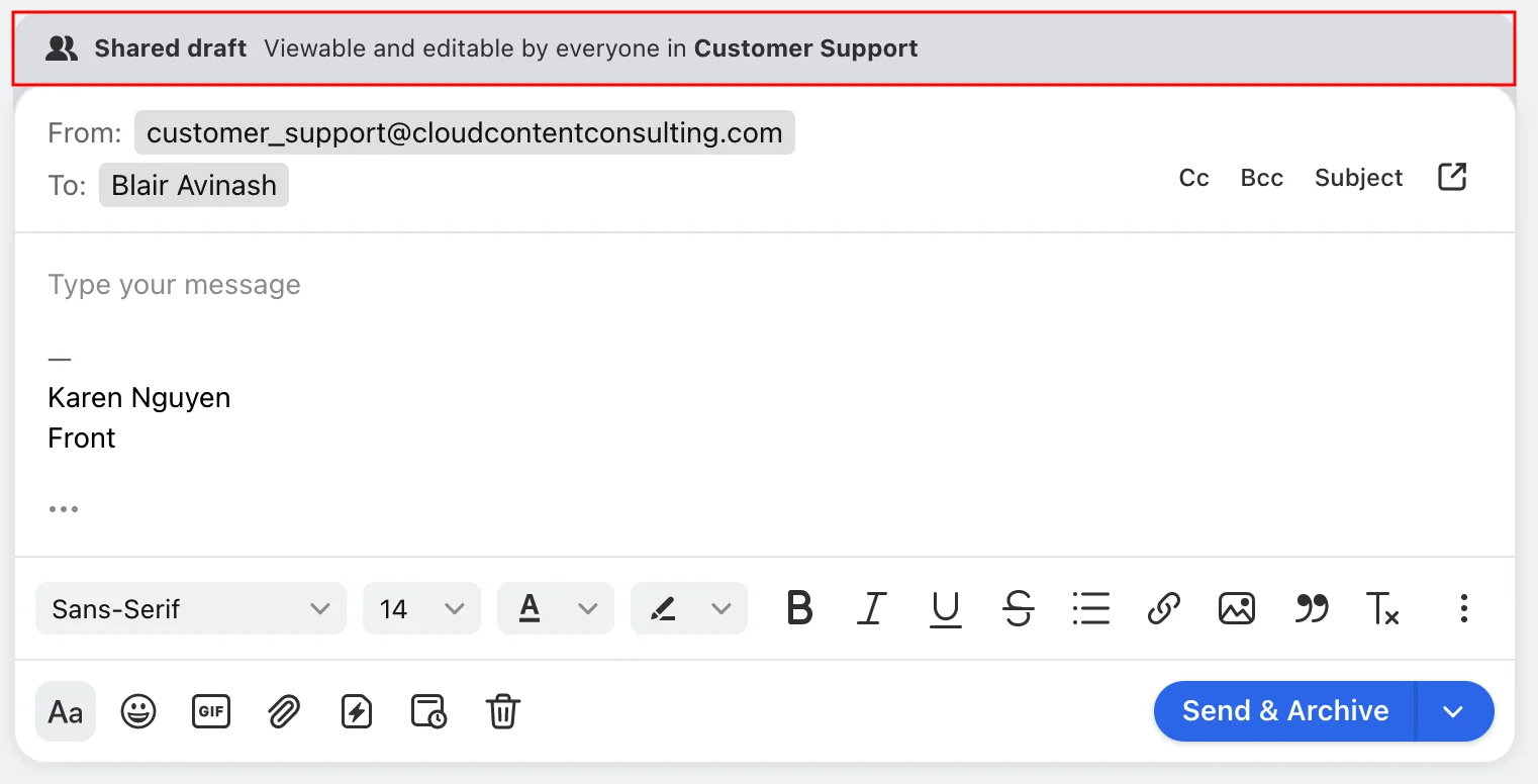 Front shared draft banner showing the draft is viewable and editable by everyone in the Customer Support inbox, as taken from Front's help center