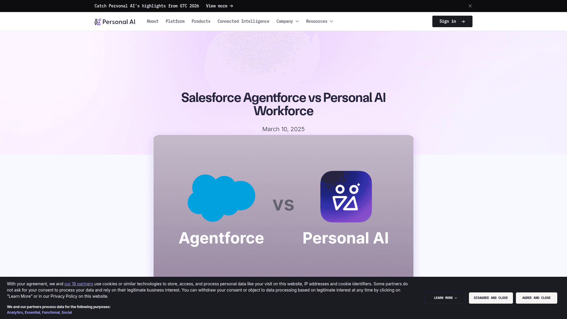 Personal AI's own Salesforce Agentforce vs Personal AI Workforce comparison page, as taken from Personal AI.