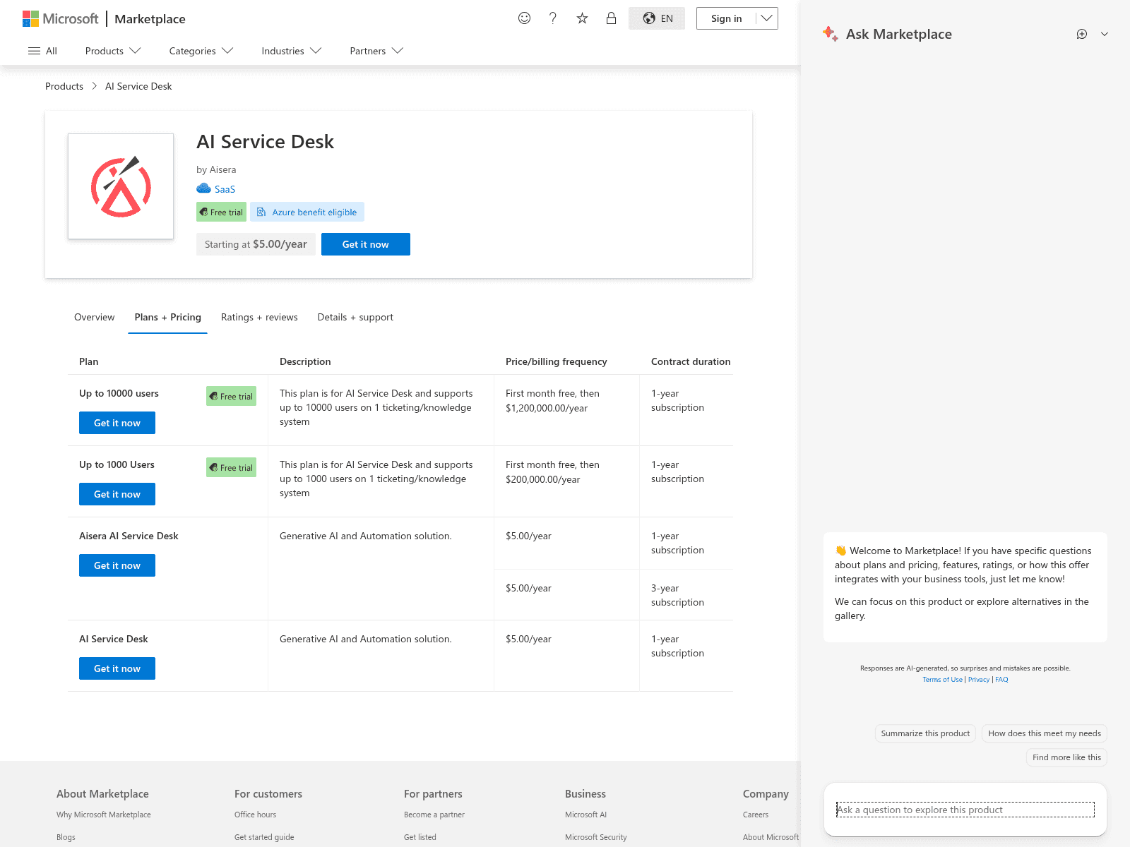 Aisera's AI Service Desk plans and pricing, showing $200,000/year for up to 1,000 users, as listed on Microsoft Marketplace.