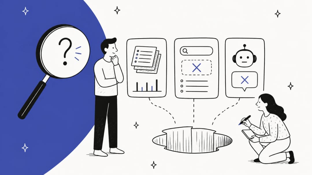 Hand-drawn illustration of two support people studying a hole in the floor beneath three cards for ticket reports, a search box with no results, and a robot that could not answer