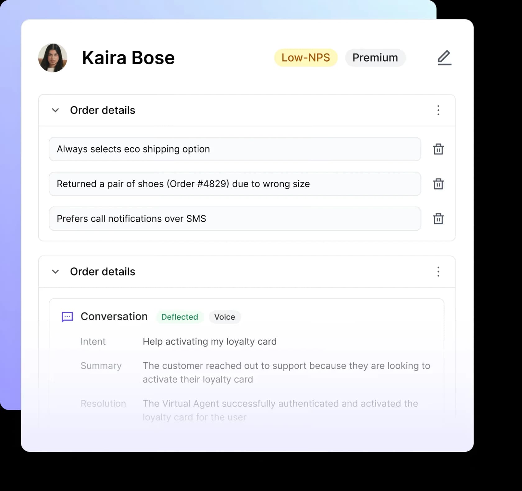 Decagon's conversation view showing intent, summary and resolution against a customer profile, as taken from Decagon
