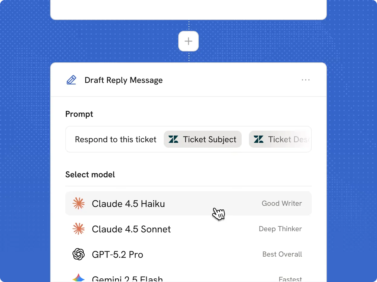 A Cassidy workflow step named Draft Reply Message with a Respond to this ticket prompt using Zendesk ticket variables, and a model picker showing Claude 4.5 Haiku, Claude 4.5 Sonnet and GPT-5.2 Pro, as taken from Cassidy