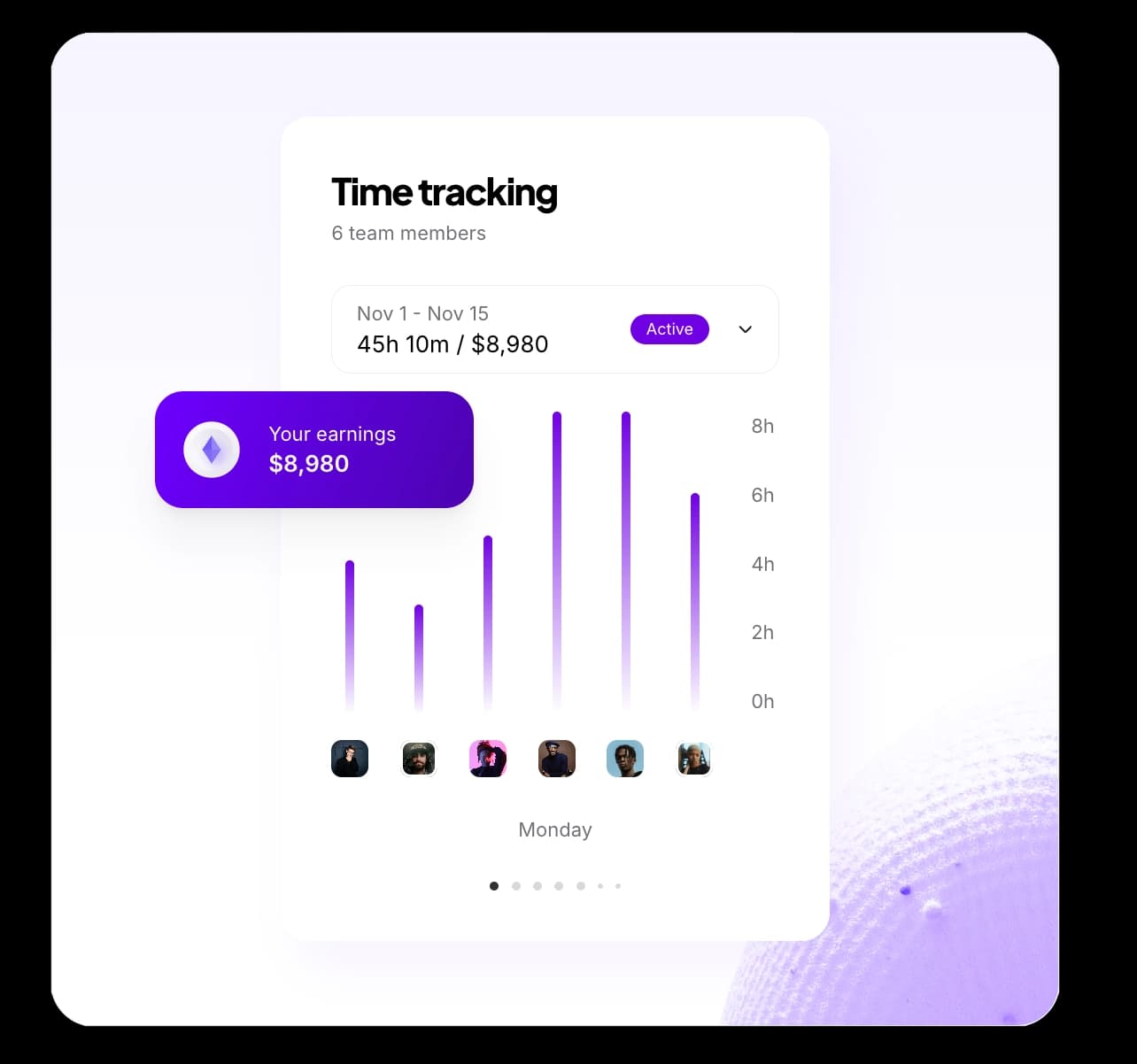 A.Team's mission time-tracking view showing logged hours converted to billable earnings, as shown on A.Team's builder pages