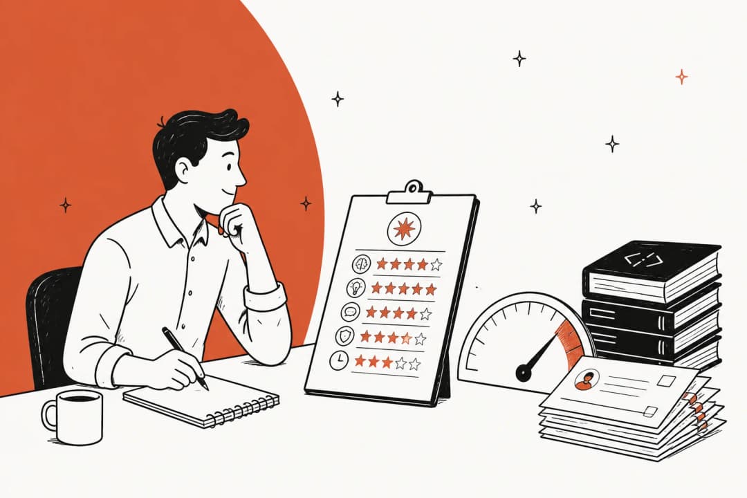 Hand-drawn illustration of a reviewer at a desk with a star-rating scorecard, a speed gauge, and stacks of code books and support tickets, for a Claude Sonnet 5.5 review