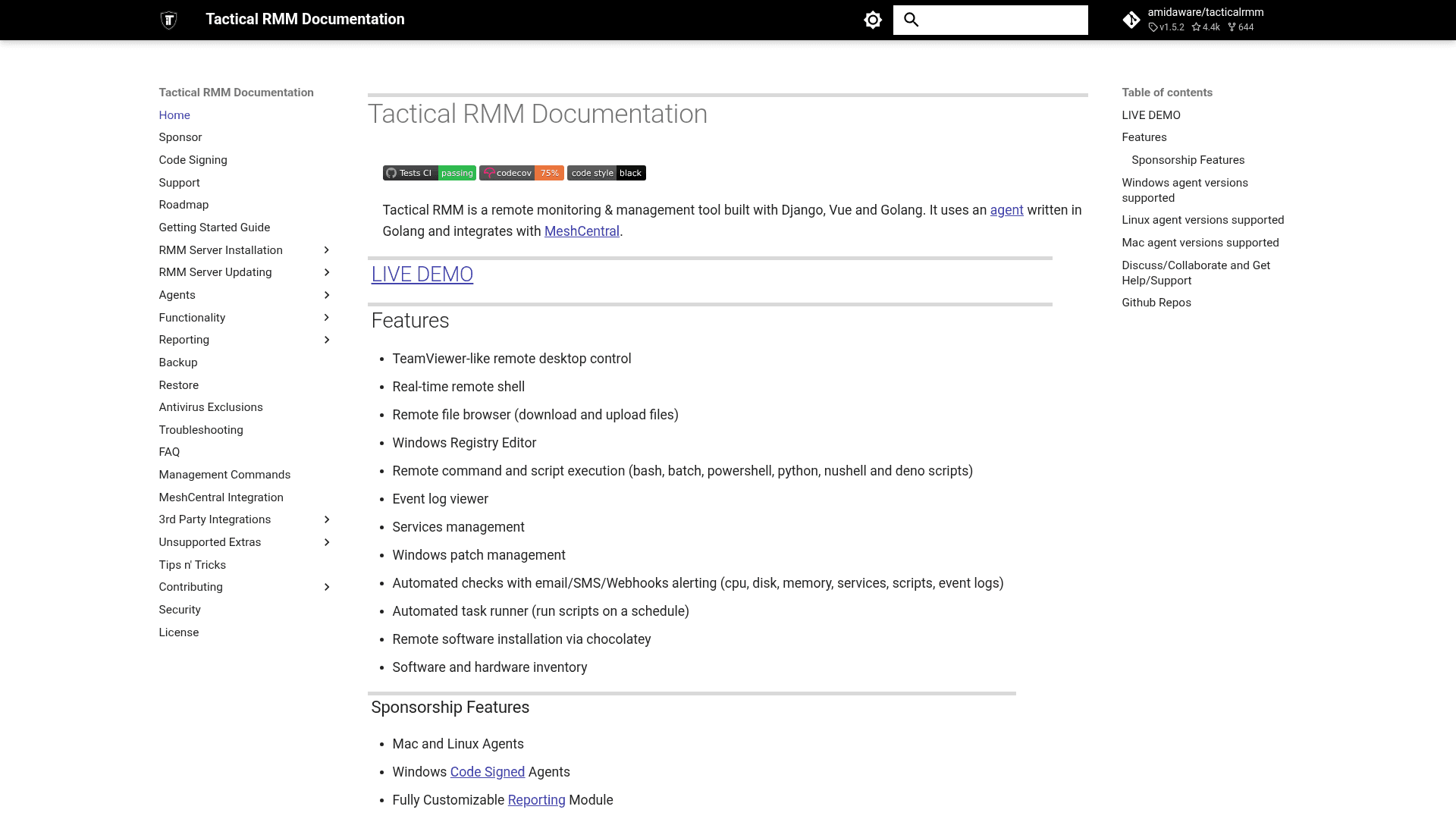 Tactical RMM documentation homepage showing the version badge and sponsorship-gated feature list