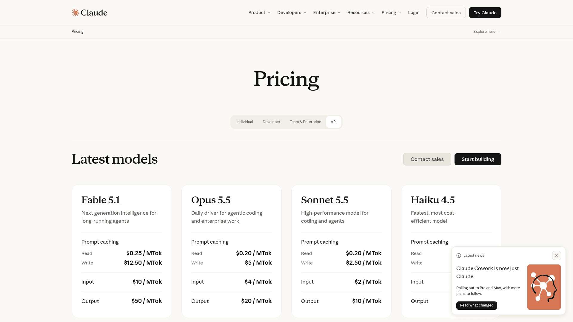 The Claude pricing page API tab showing Sonnet 5.5 at $2 input, $10 output, $0.20 cache read and $2.50 cache write per million tokens, next to Fable 5.1, Opus 5.5 and Haiku 4.5, as taken from Claude's pricing page