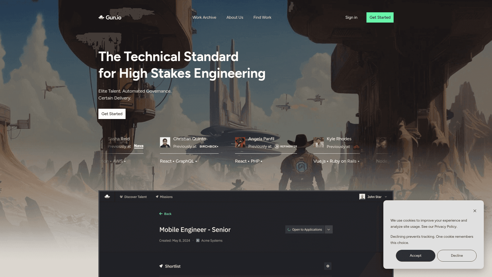 Gun.io's mission page showing a shortlist of vetted software-engineer applicants, as taken from Gun.io