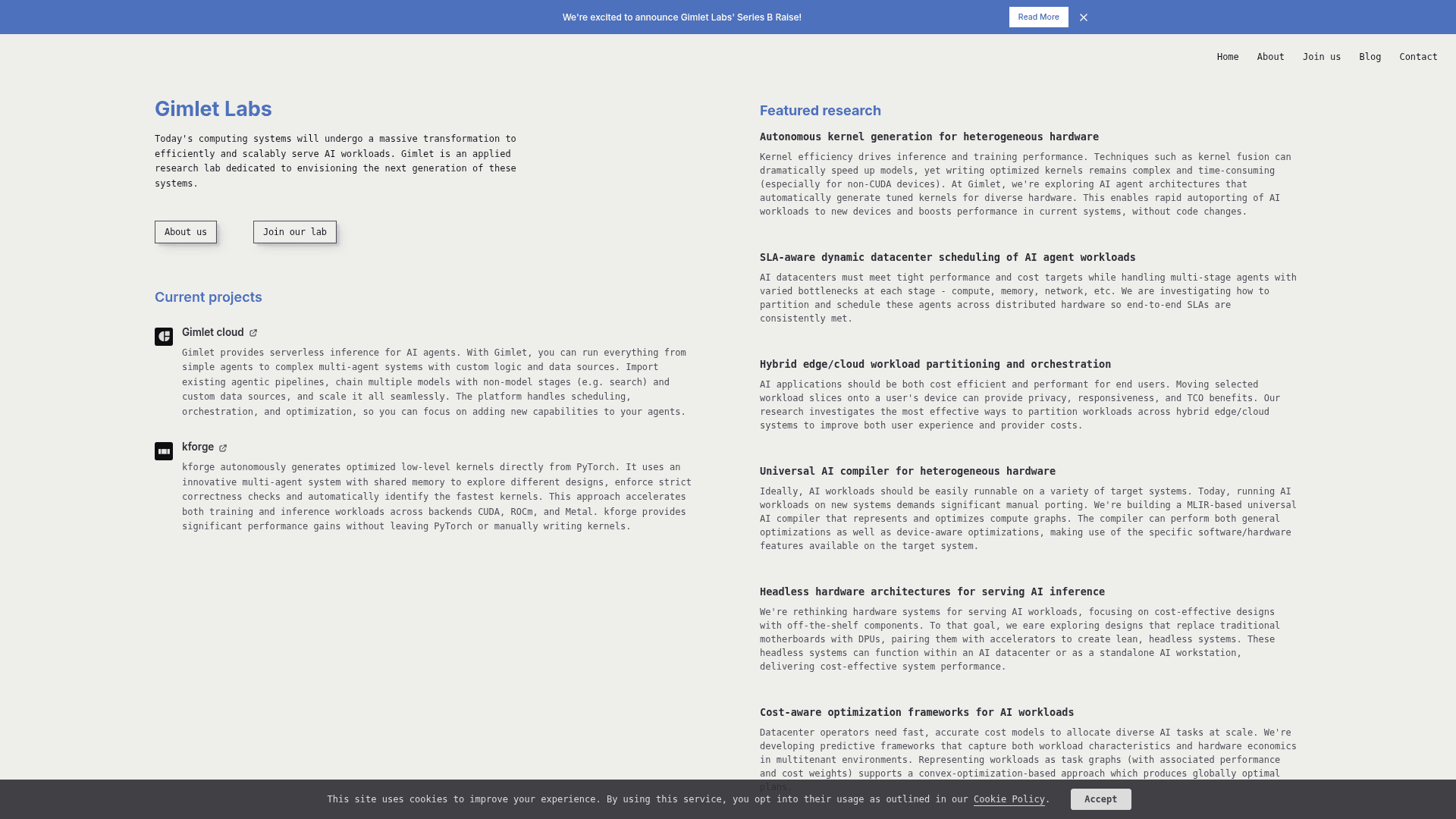 The Gimlet Labs homepage, showing its two products (Gimlet Cloud and kforge) and its research areas, as taken from Gimlet Labs