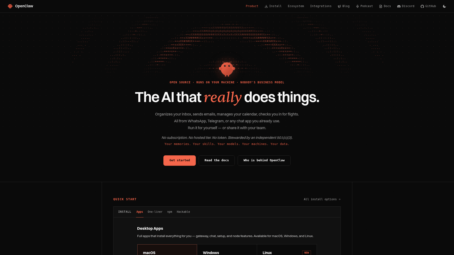 OpenClaw's site, the self-hosted open-source AI agent, as taken from OpenClaw