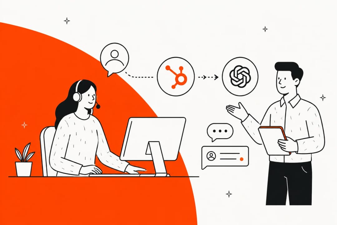 Illustration of a support agent connecting ChatGPT AI to a HubSpot help desk, representing ChatGPT for HubSpot Service Hub