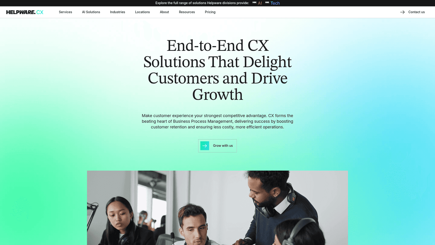 The Helpware CX homepage describing human-centered, AI-powered outsourcing, as taken from Helpware