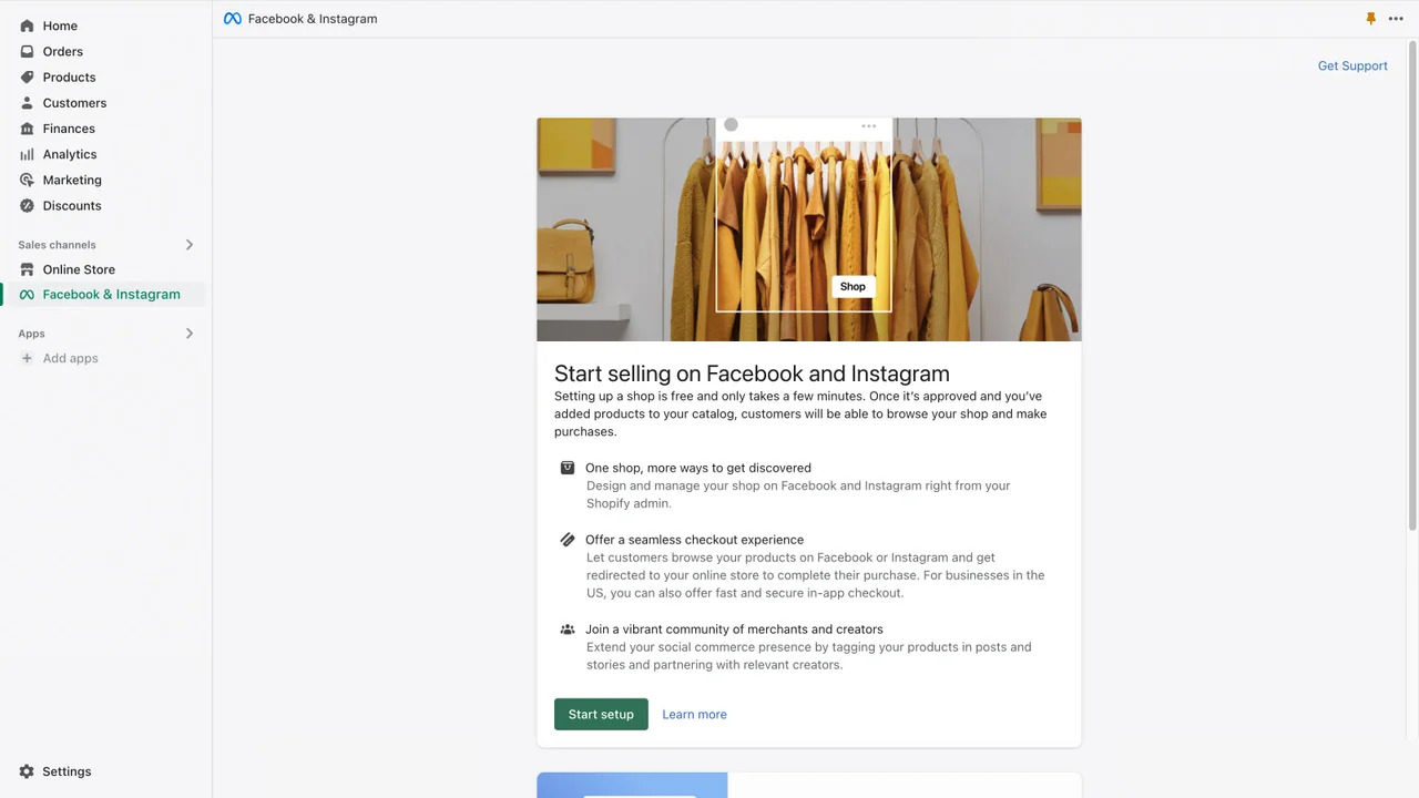 Shopify admin showing the Facebook and Instagram sales channel with Facebook and Instagram shops and catalog setup, as taken from the Shopify App Store