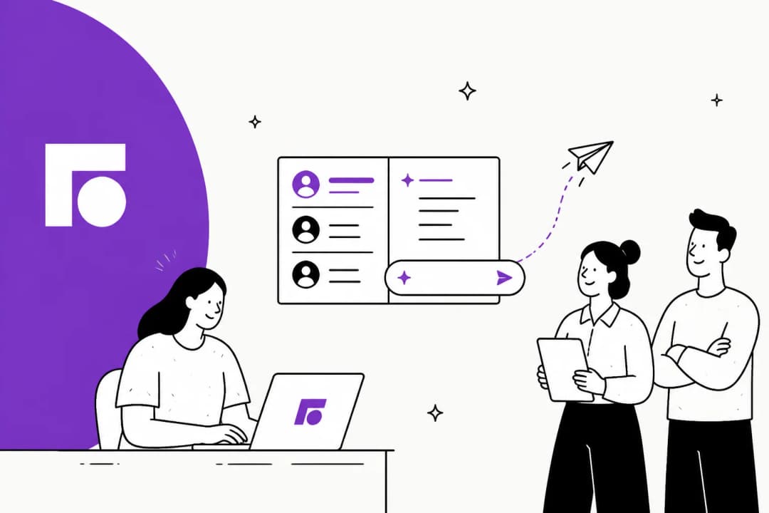 Illustration of a support agent working in the Front shared inbox with an AI drafting and sending a reply