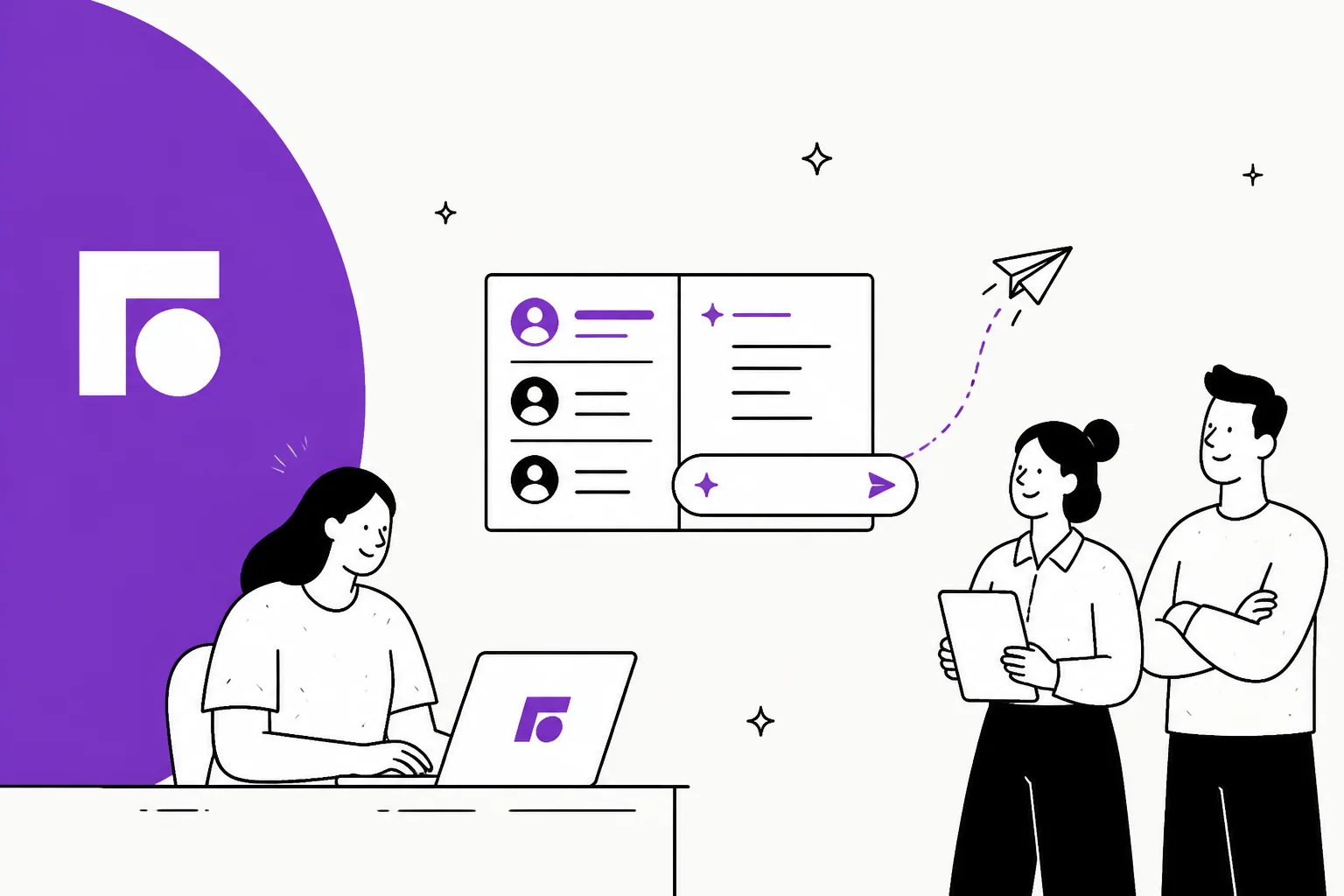 Illustration of a support agent working in the Front shared inbox with an AI drafting and sending a reply