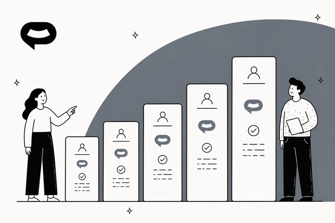 Hand-drawn illustration of two people beside five rising SiteSpeak plan cards, each card taller than the last, with the SiteSpeak chat logo in the corner