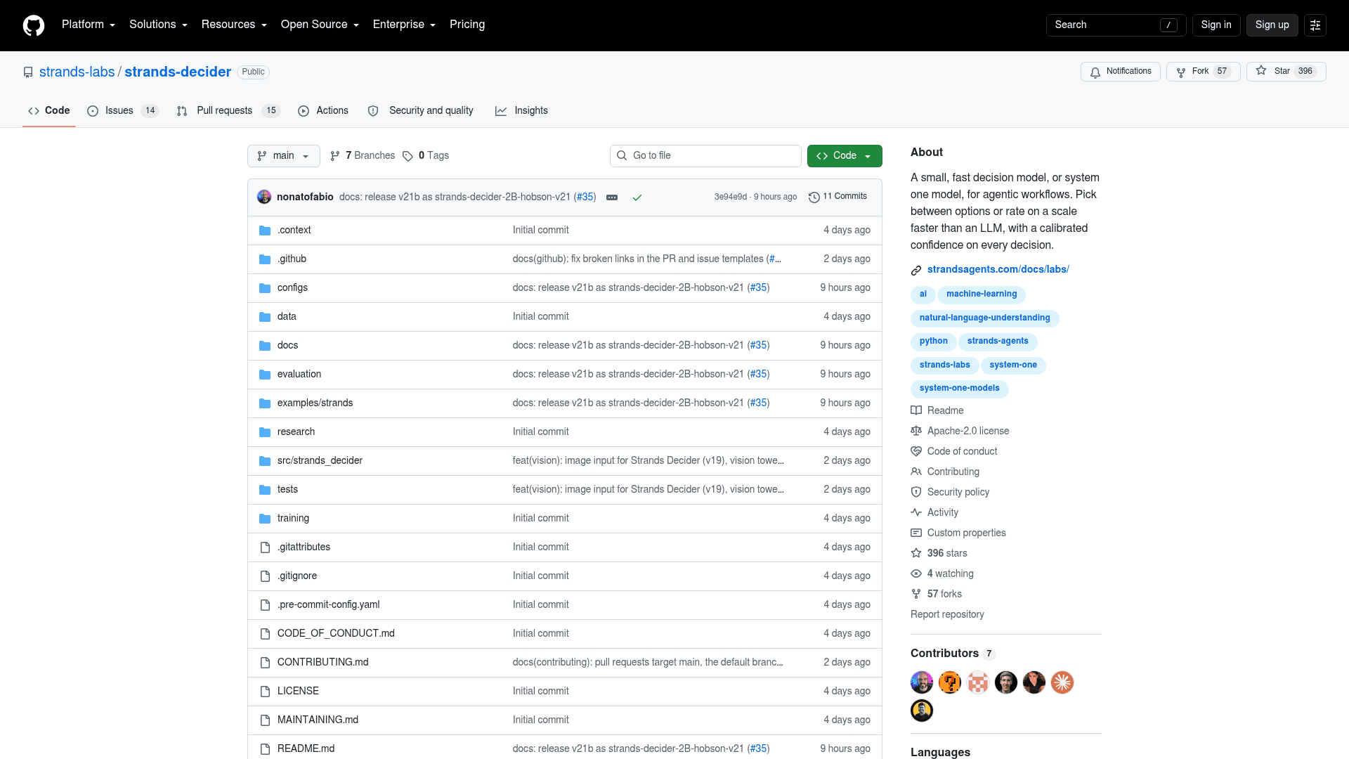 The strands-labs/strands-decider repository on GitHub, Apache-2.0, with folders for configs, data, docs, evaluation, research, training and src, and a recent commit releasing v21, as taken from GitHub