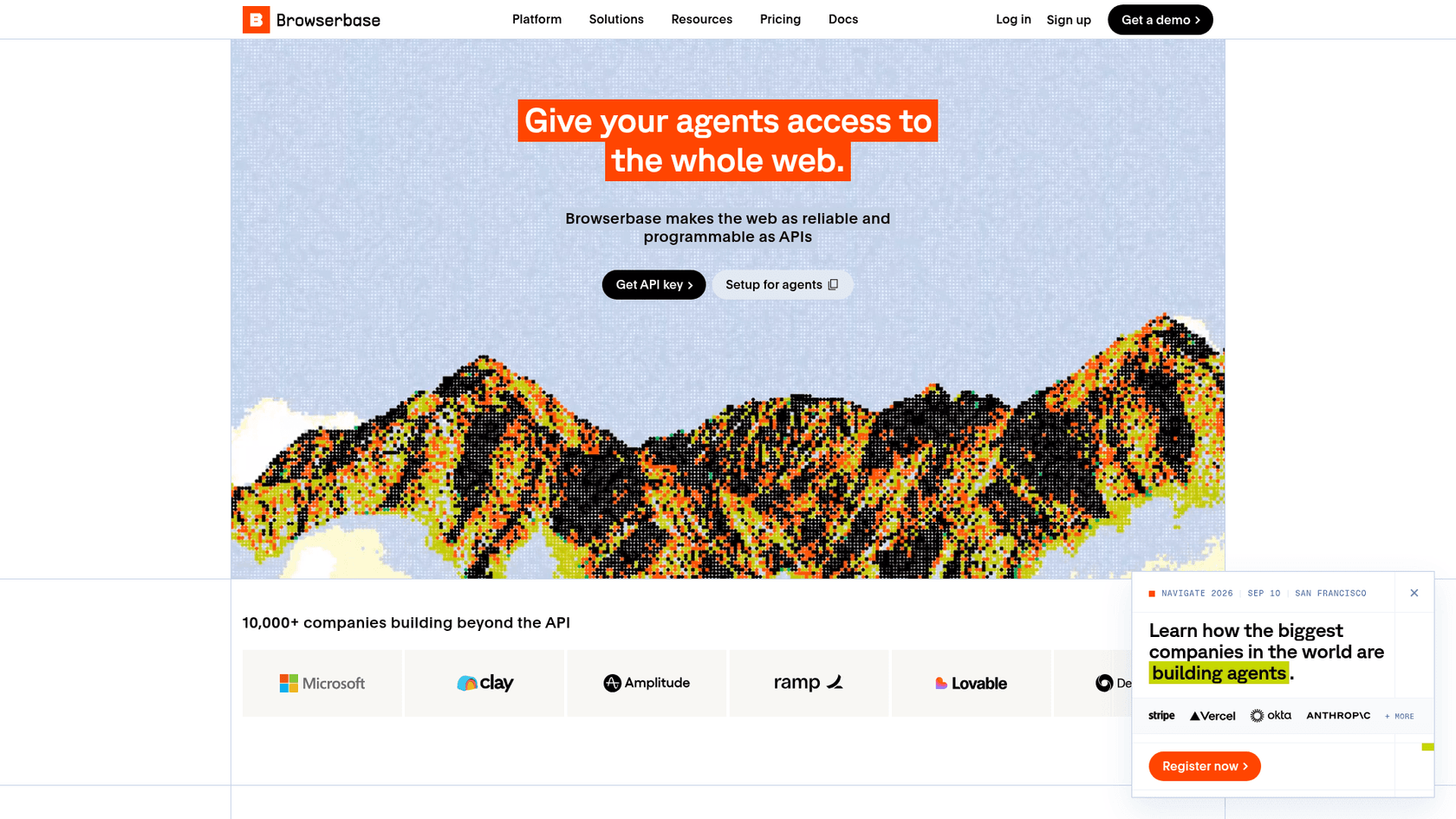 Browserbase homepage showing its managed headless browser platform for AI agents, as taken from Browserbase