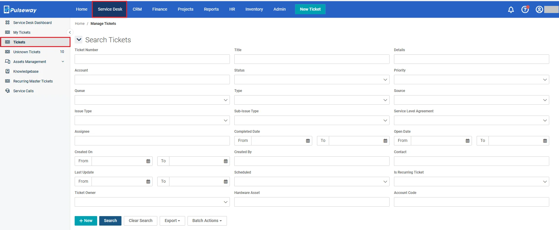The Pulseway PSA Service Desk with its left rail of My Tickets, Tickets and Unknown Tickets, over a Search Tickets panel filtering on Queue, Status, Priority and SLA, as taken from the Pulseway help centre
