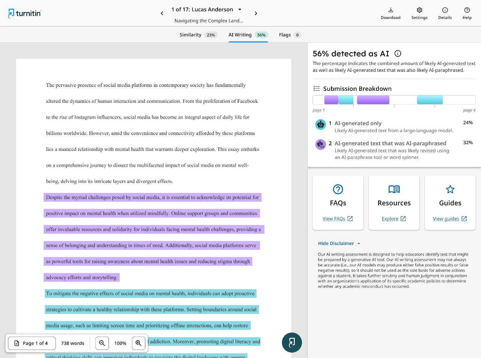 Turnitin's AI Writing report showing 56% detected as AI, split into AI-generated and AI-paraphrased sections, as taken from the Turnitin help centre