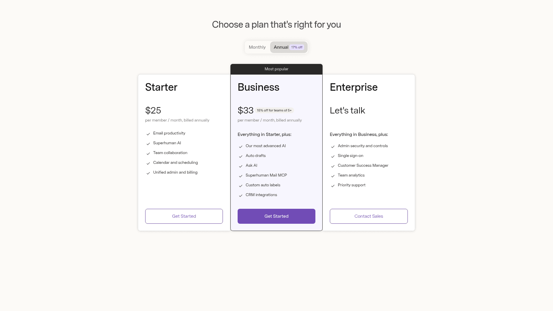 Superhuman's pricing page with Starter at $25 per member a month, Business at $33 with Auto drafts, Ask AI and the Superhuman Mail MCP, and Enterprise at "Let's talk," all billed annually, as captured from superhuman.com