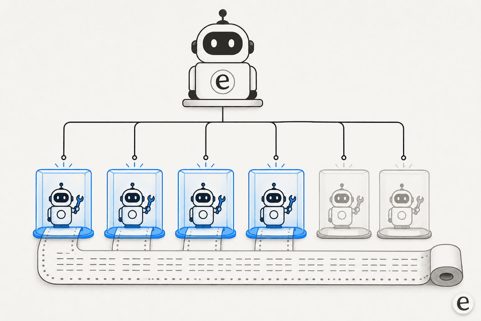 Diagram of a parent agent fanning six worker agents out into separate sealed workspaces above a continuous printed log