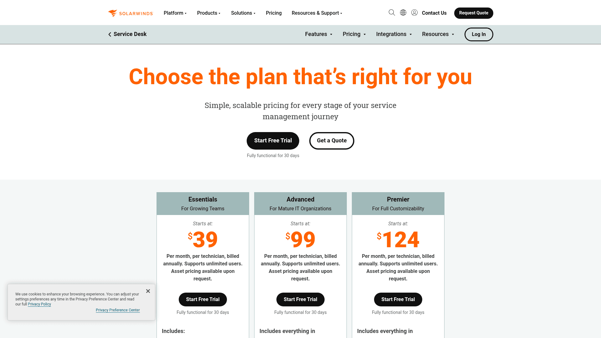 SolarWinds Service Desk pricing page showing Essentials, Advanced, and Premier plans