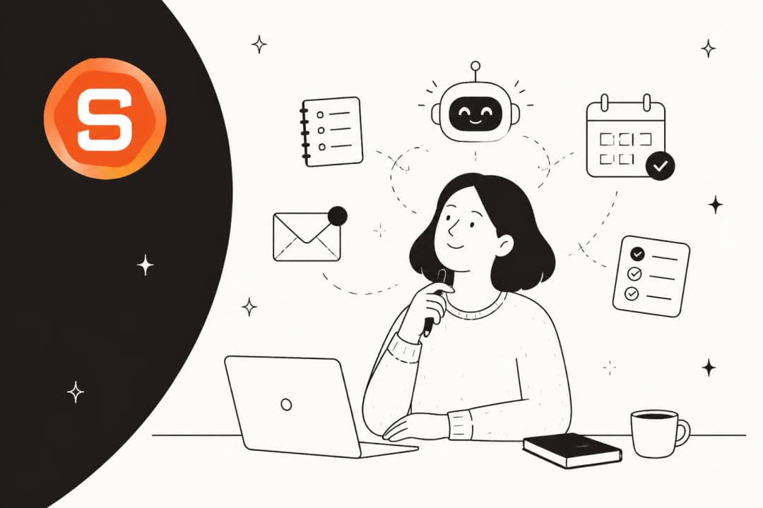 Line illustration of a person at a laptop with notes, email, calendar and checklist icons floating around an AI assistant