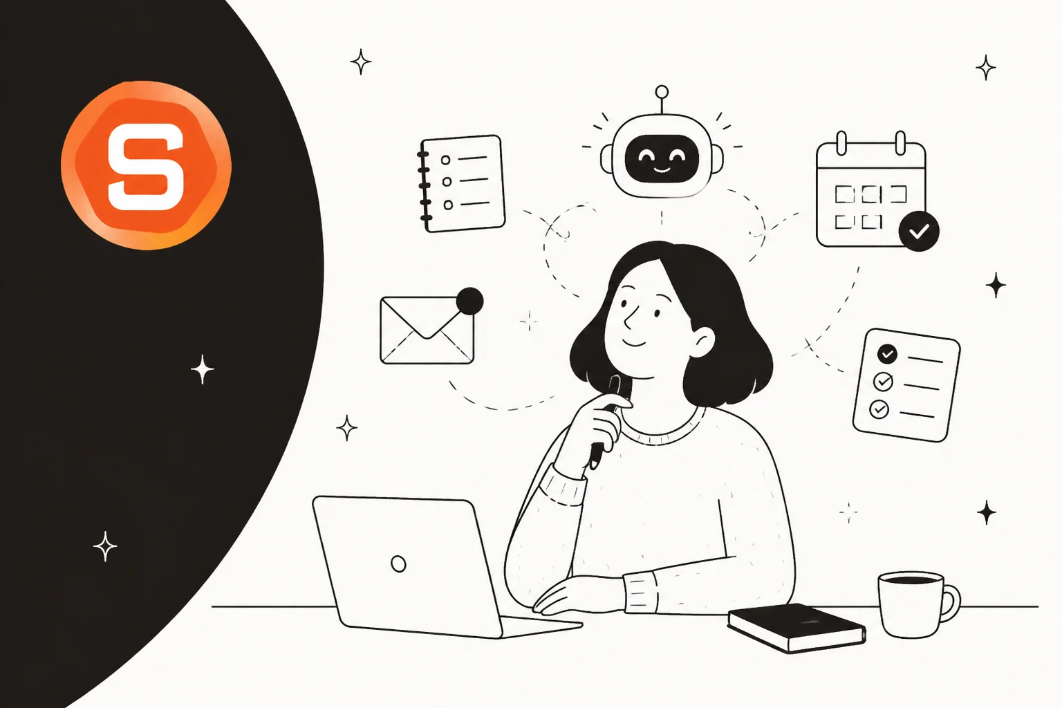 Line illustration of a person at a laptop with notes, email, calendar and checklist icons floating around an AI assistant