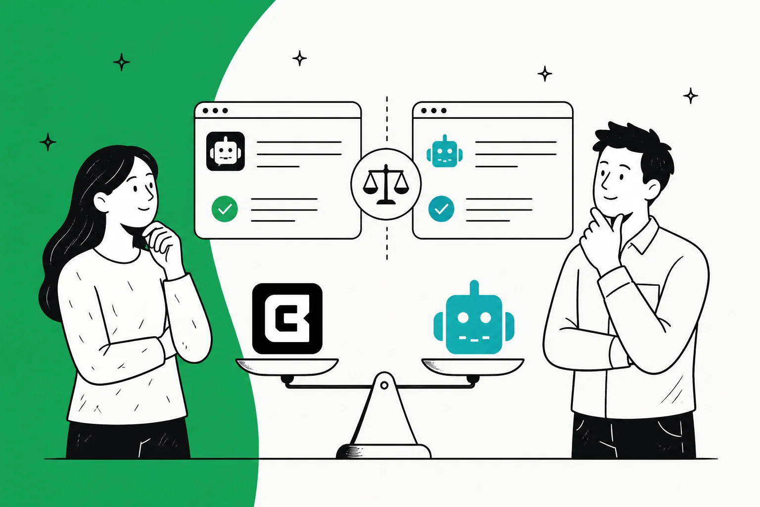 Chatbase vs DocsBot comparison, two AI support bots weighed on a balance scale