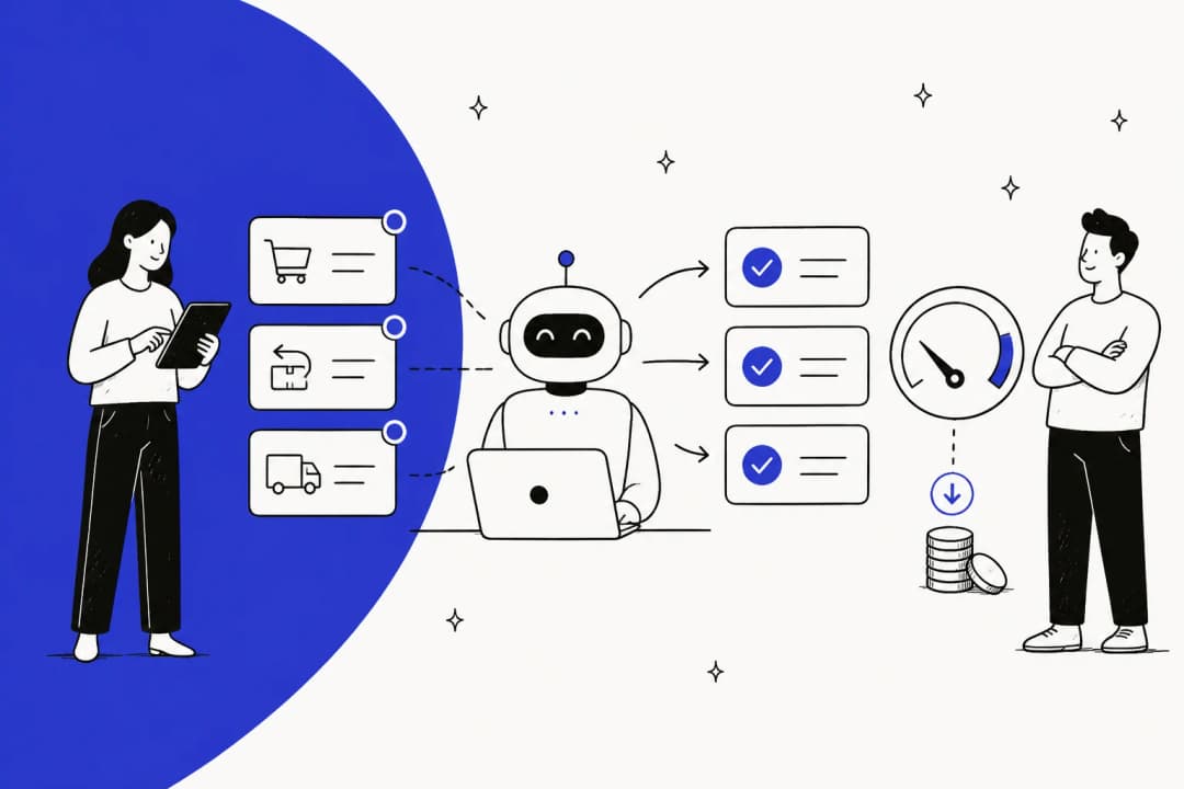 An e-commerce support queue of order, return and delivery tickets being resolved by an AI agent, with a falling cost meter, in Minimal indigo