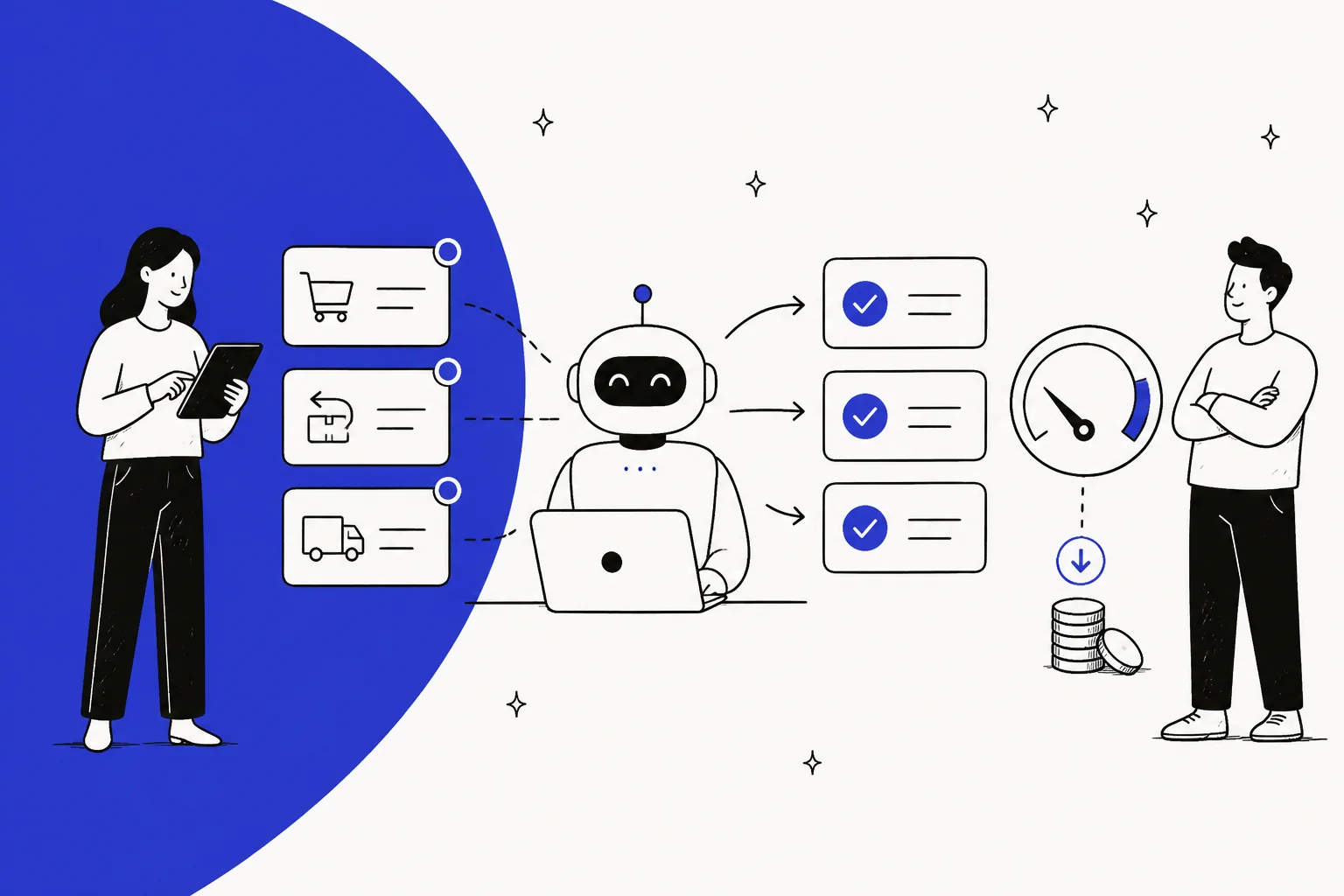 An e-commerce support queue of order, return and delivery tickets being resolved by an AI agent, with a falling cost meter, in Minimal indigo
