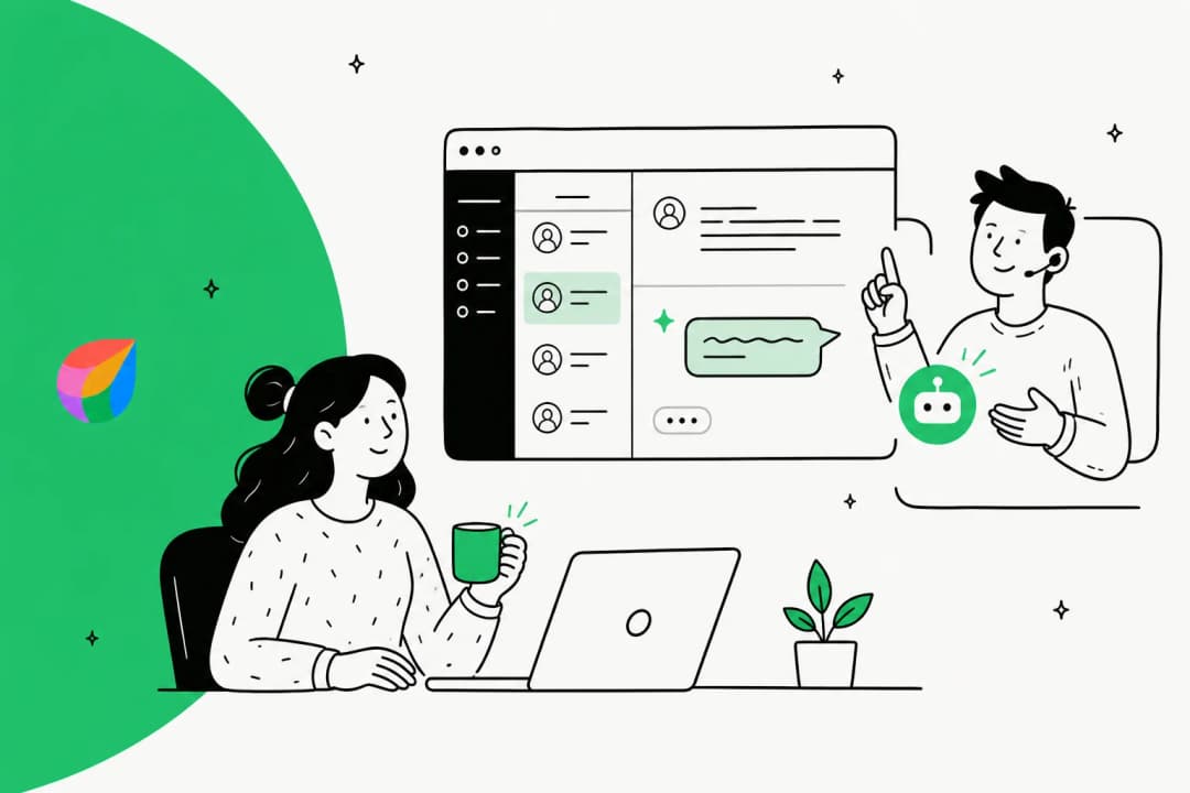 Illustration of a support agent and an AI assistant working together on a Freshdesk-style ticket inbox