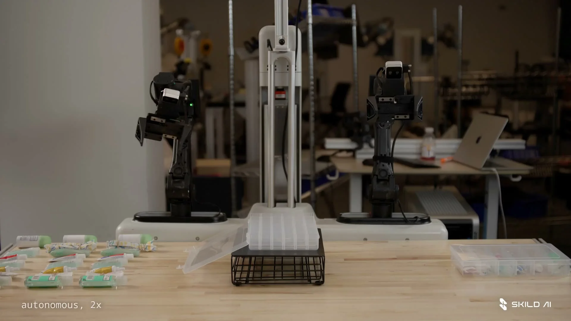 A Skild robot sorting items into a kit, a multi-step assembly task, as taken from Skild AI