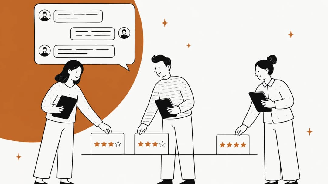 Illustration dessinée à la main de trois évaluateurs QA du support, chacun tenant une tablette et posant des cartes de notation par étoiles côte à côte sur une ligne commune, deux cartes à trois étoiles et une à quatre, sous une bulle de conversation client