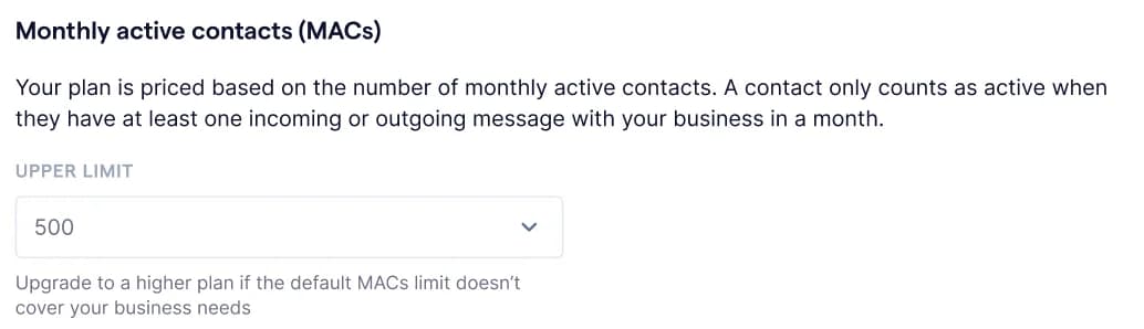 The monthly active contacts upper-limit control in SleekFlow's subscription settings, as taken from the SleekFlow help centre