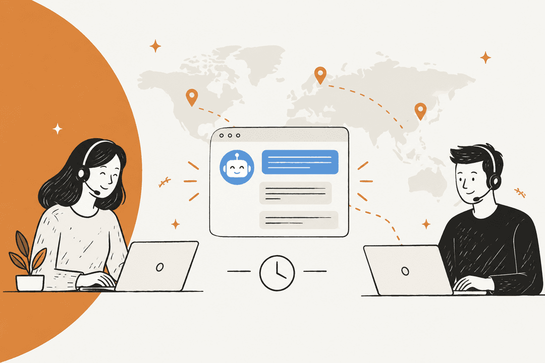 Hand-drawn illustration of two support agents in different countries working from laptops, with an AI chat window and a clock between them over a world map