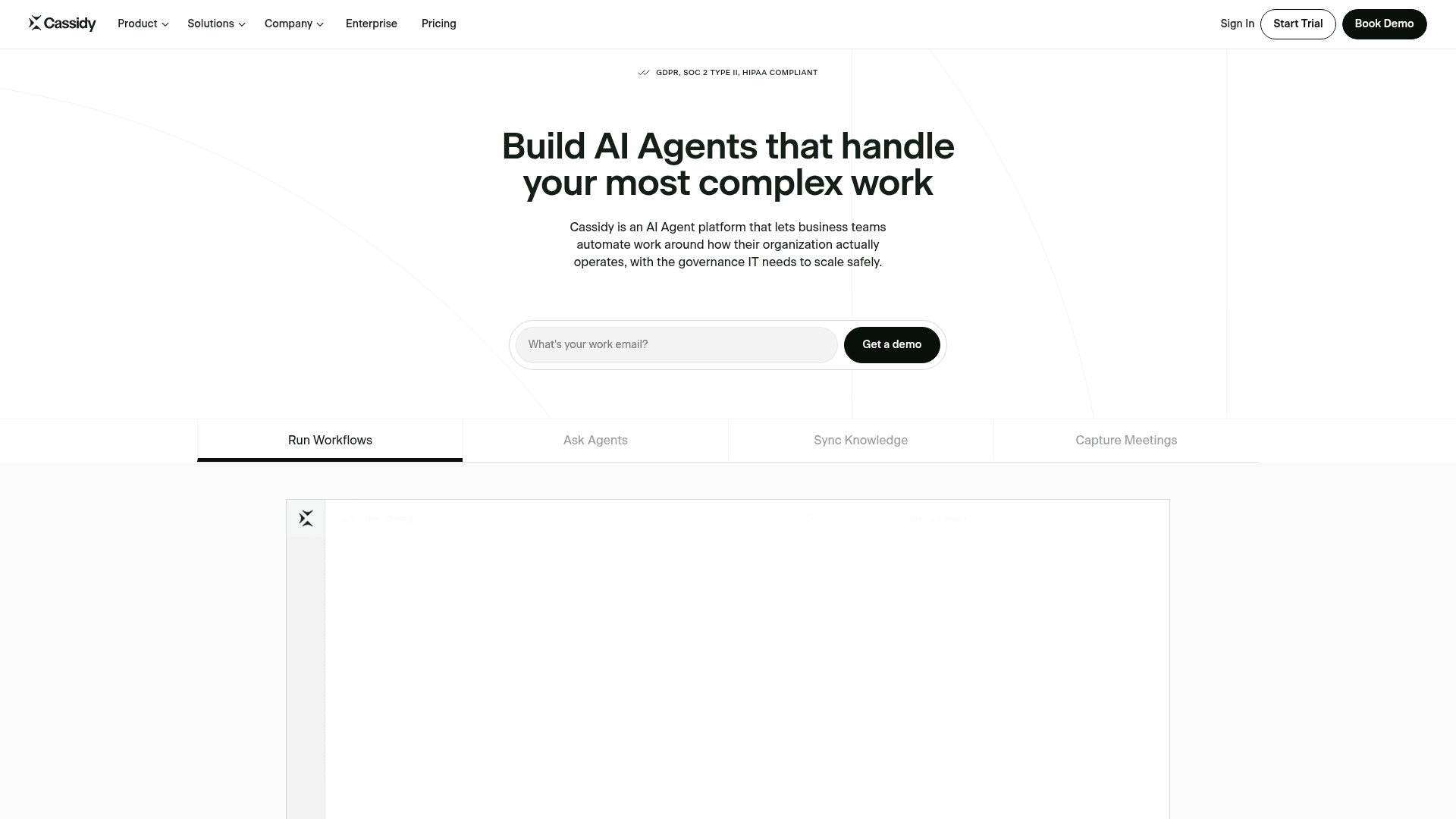 Cassidy AI homepage showing its no-code AI agent and workflow platform