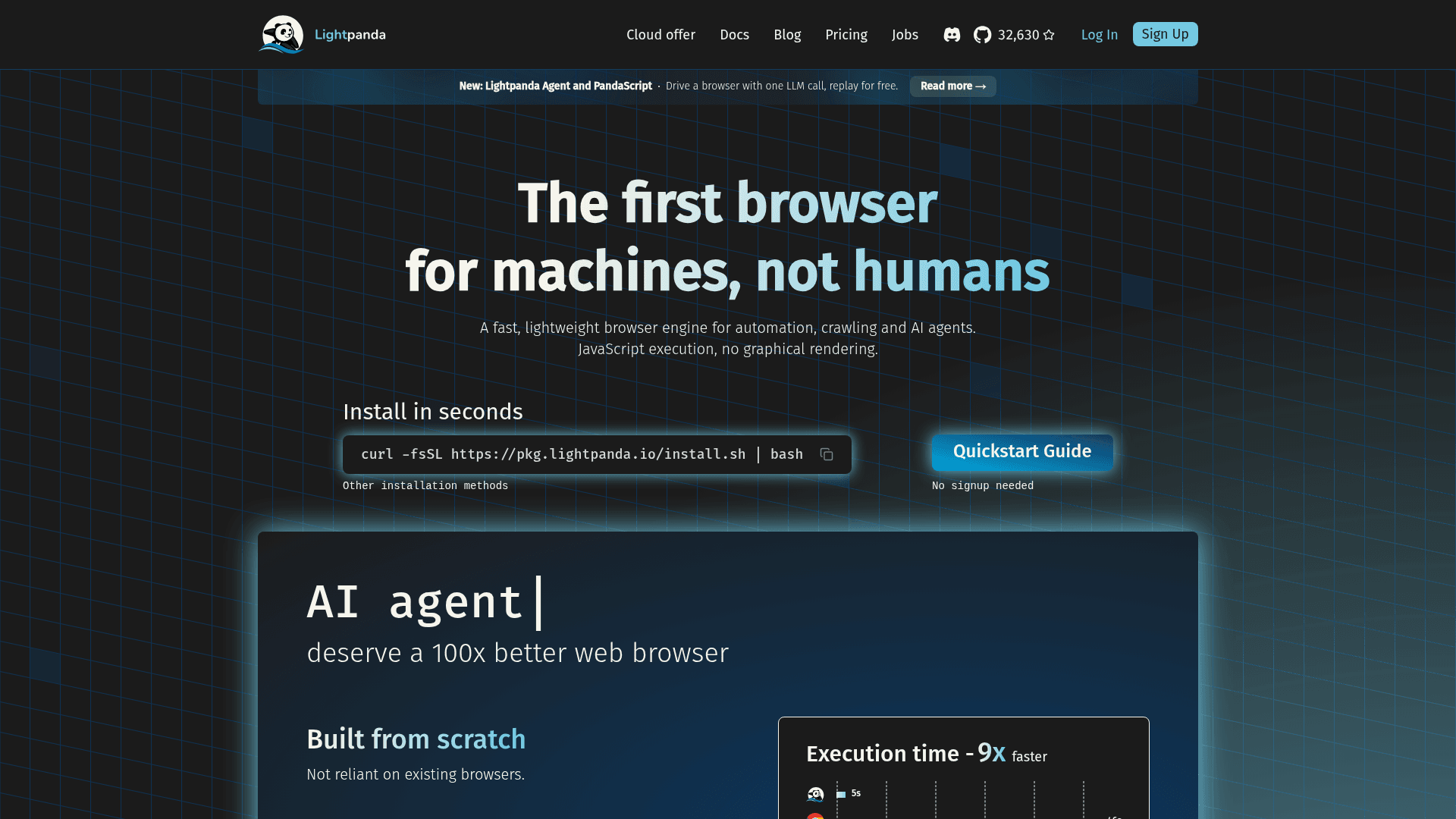 Lightpanda homepage showing the Zig-based headless browser and its Chrome benchmark comparison, as taken from Lightpanda