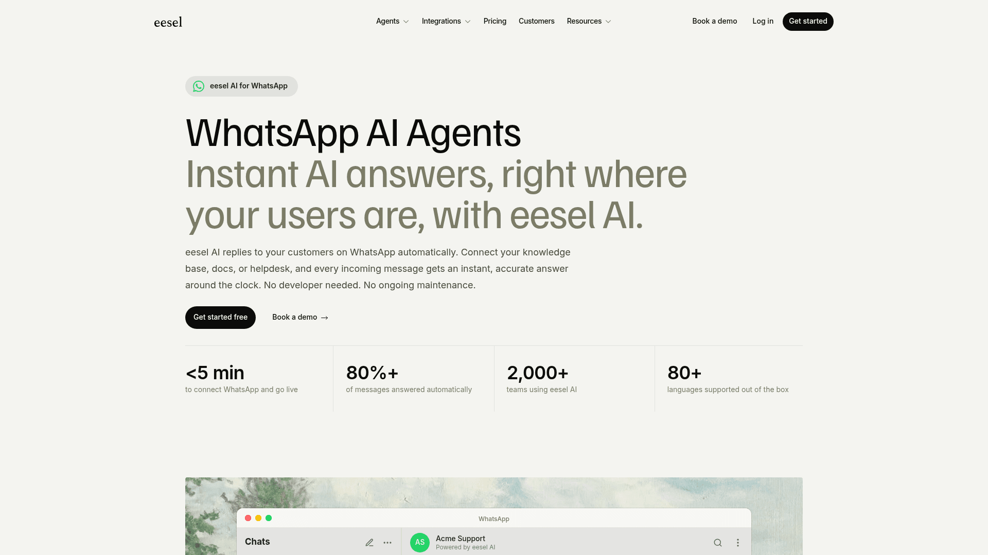 eesel's WhatsApp AI agents page showing under five minutes to connect WhatsApp and 80+ supported languages
