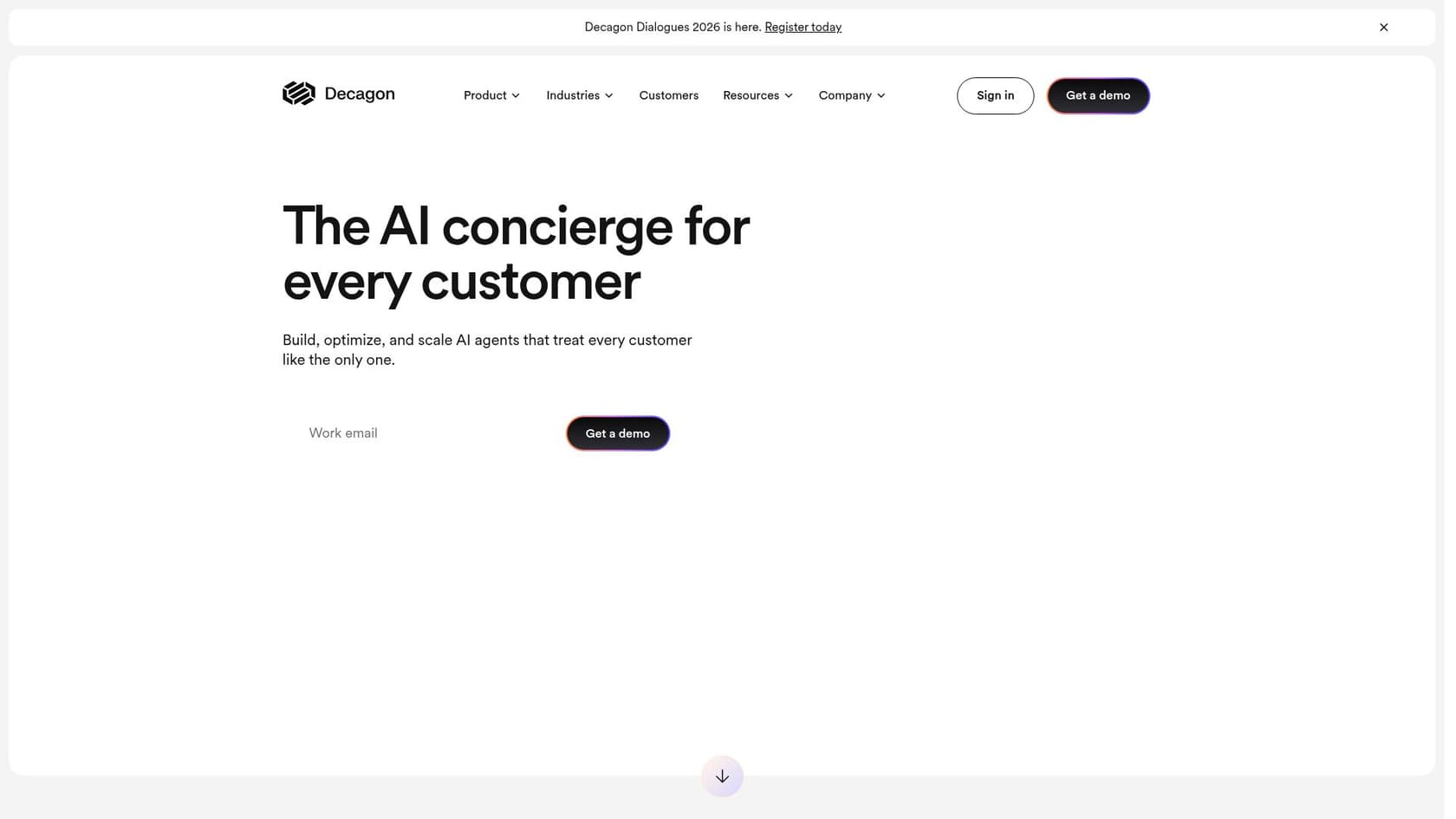 Decagon homepage positioning it as the AI concierge for every customer