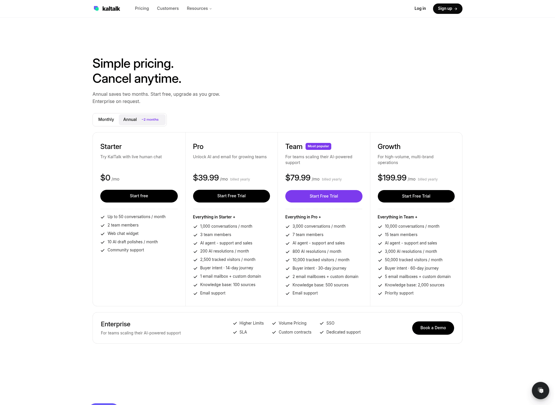 KalTalk's pricing page showing the four plans, Starter through Growth, with the annual billing toggle active