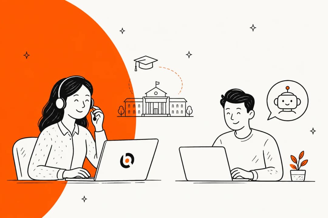 Illustration of a support agent with a headset and a student chatting with an AI assistant, in front of a campus building