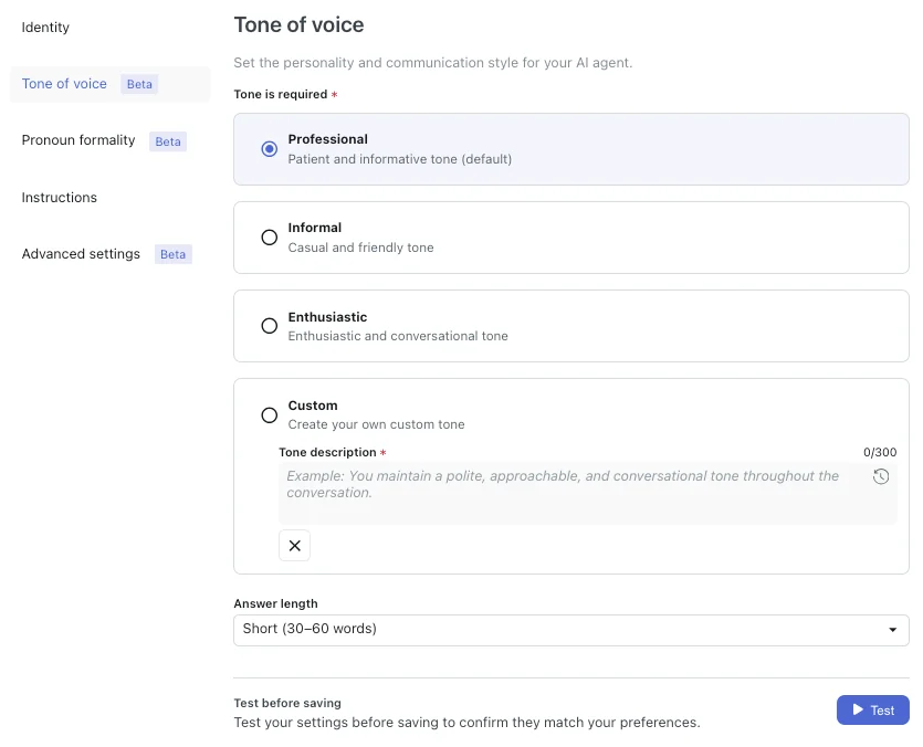 Zendesk AI agent Tone of voice tab with Professional, Informal, Enthusiastic and Custom options and an answer length dropdown, as taken from Zendesk's AI agent documentation