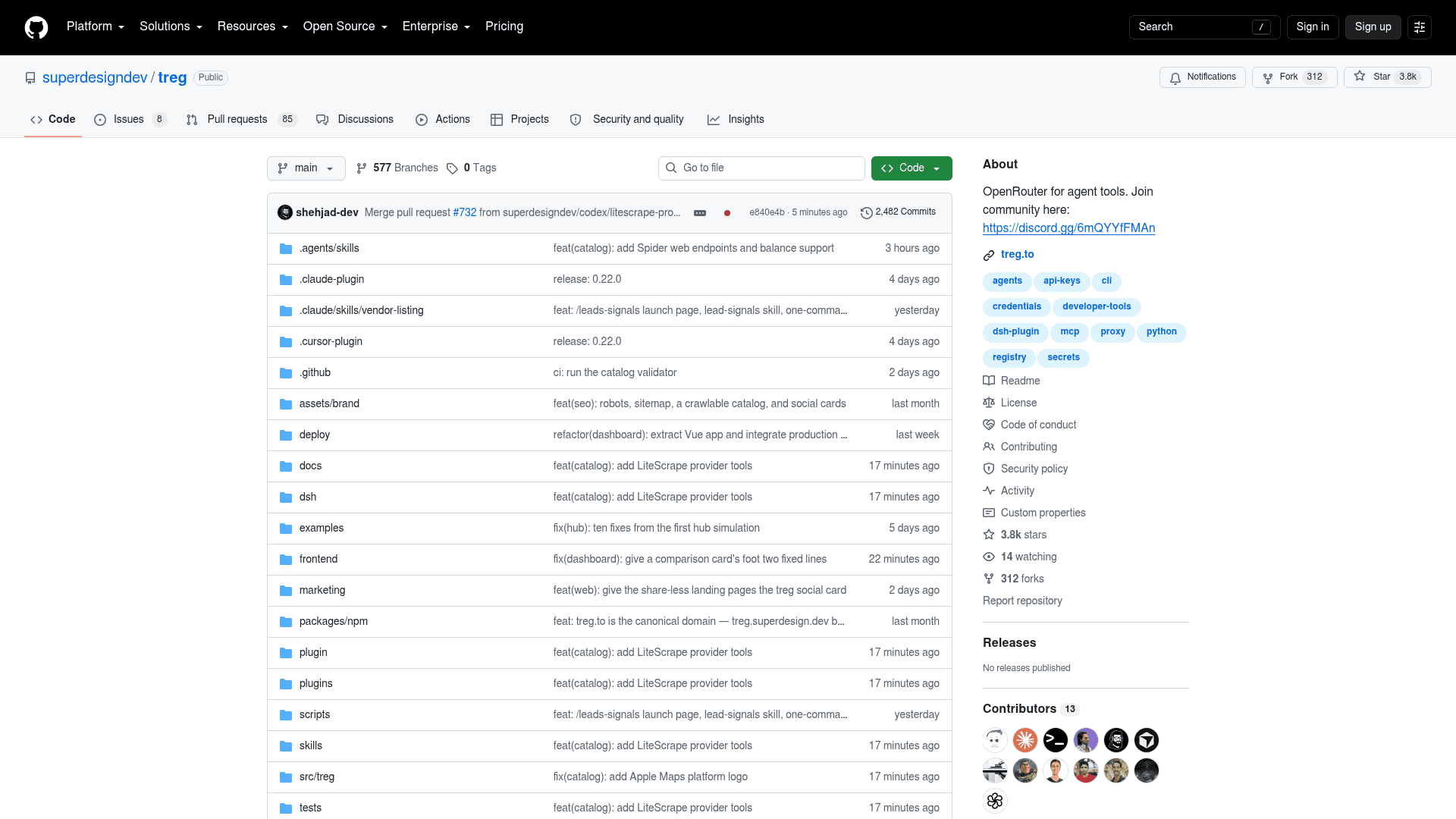 Le dépôt GitHub superdesigndev/treg avec 3,8 k étoiles, 312 forks, 13 contributeurs et des dossiers pour le plugin, les skills, le tableau de bord et la doc, tiré de GitHub