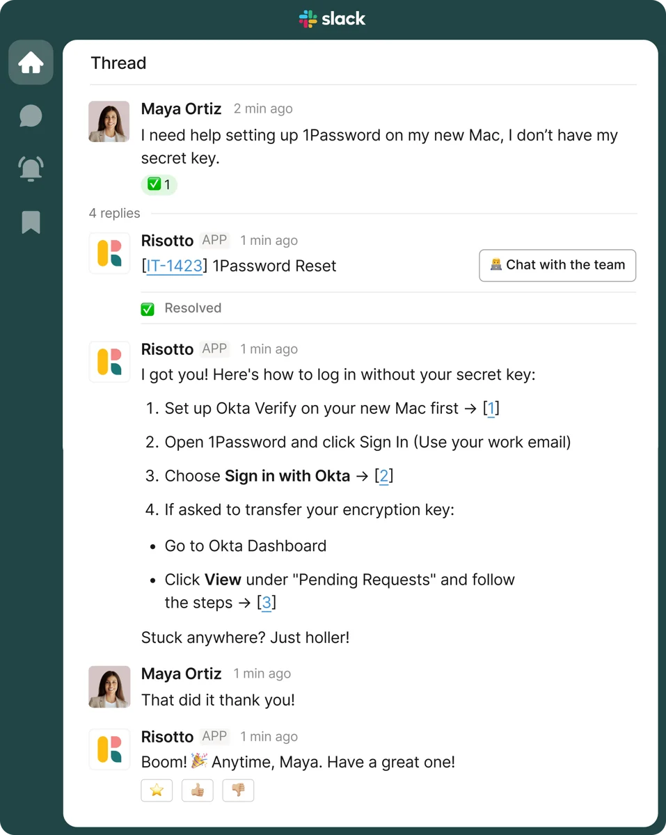 Risotto walking an employee through a 1Password and Okta setup, step by step, inside a Slack thread, as shown on Risotto's site